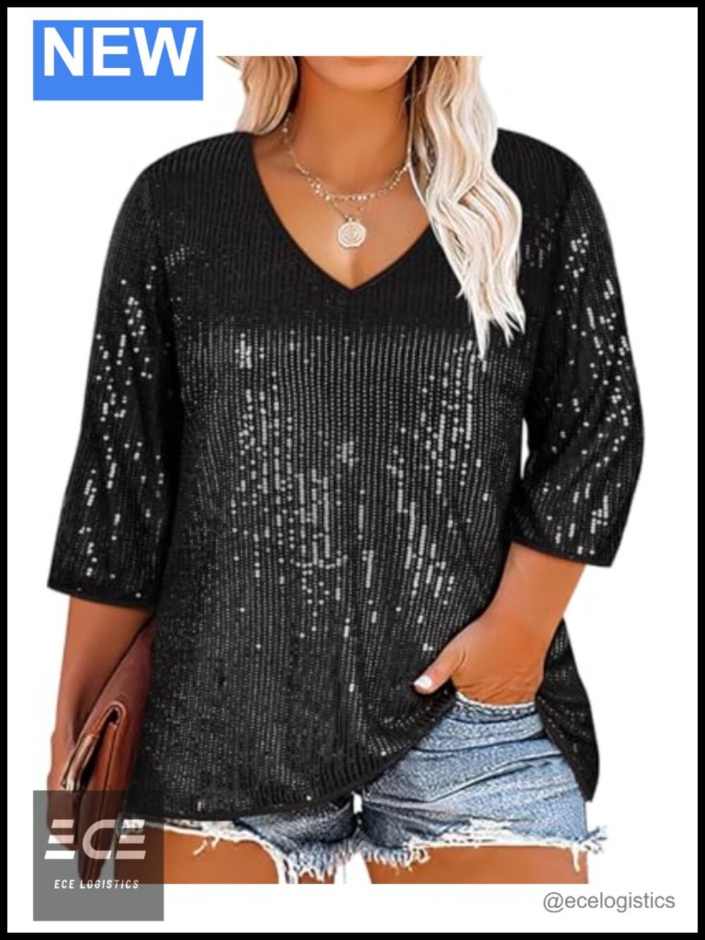 Plus Size Sequin Blouse 3/4 Sleeve V Neck Tunic Cocktail Party Top